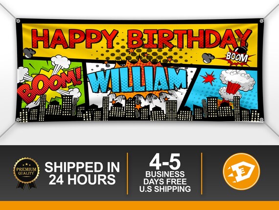 Superhero Birthday Banner, Super Hero Comic Happy Birthday Personalized Party Decoration, Kid Adult Custom Decor Backdrop, Indoor Outdoor Il_570xn