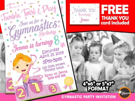 Gymnastics Invitation "GYMNASTICS BIRTHDAY INVITATION" - Tumbling Party Invite, Girl Gymnast, Pink Purple Teal Printable, Digital Convite Il_570xn