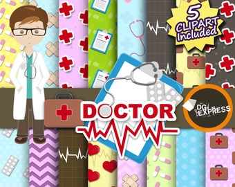 SALE Doctor Digital Paper + Clipart : "Nurse Digital Paper"- Doctor Invitation, Doctor Birthday Invitation, Printable, Hospital, Medicine