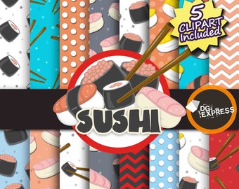 Sushi Digital Paper + Clipart : "Sushi Digital Paper"- Sushi Party Invitation, Japanese Birthday Invite, Zen Printable, Sashimi, Asian Food