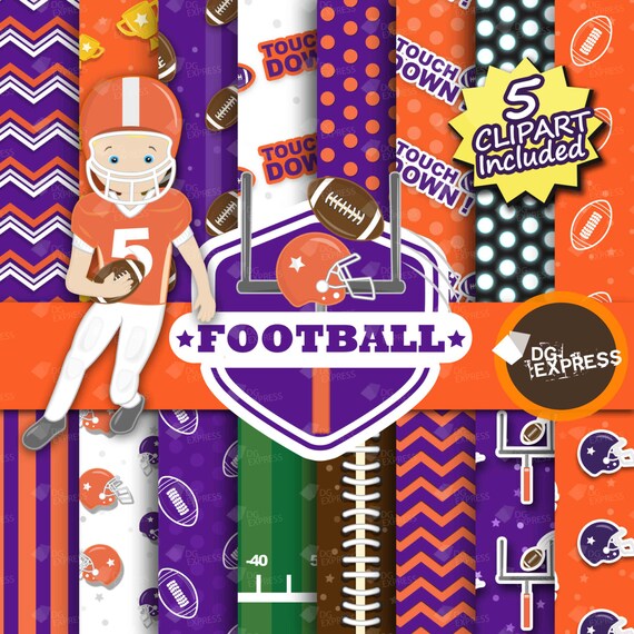 Purple Orange Football Digital Paper + Clipart : "Football Paper"- Football Clipart, Football Birthday Invitation, Touch Down Commercial Il_570xn