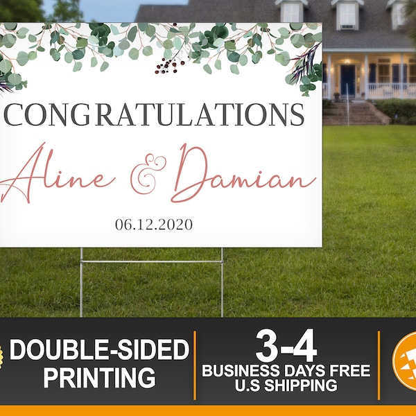 Congratulations Greenery Yard Sign including Stakes -  Wedding Greenery Lawn Sign - Digital/Printed Bridal Shower Drive Thru Outdoor Sign