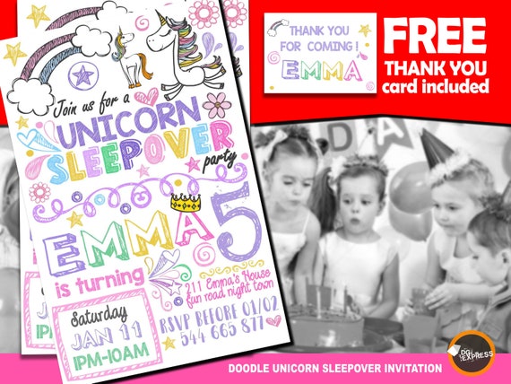 Sleepover Unicorn Doodle Invitation - "SLEEPOVER BIRTHDAY Invitation" Pajama Party, Girl Sleep Over Digital Invite, girl Birthday Printable Il_570xn