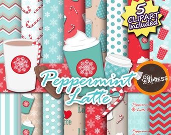 Peppermint Latte Clipart + Digital Paper : "Peppermint Latte Paper"- Latte Clipart, Mint Latte Birthday Invitation, Printable Commercial Use