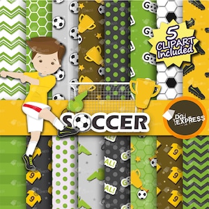 SALE Soccer Digital Paper + Clipart : "Soccer Paper"- Soccer Clipart, Soccer Birthday Invitation, Soccer Printable, Ball, player