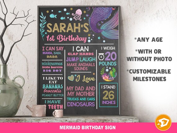 Mermaid Birthday Milestone Sign Poster "MERMAID First Birthday Milestones Poster" - Digital Chalkboard Birthday Party Sign Il_570xn
