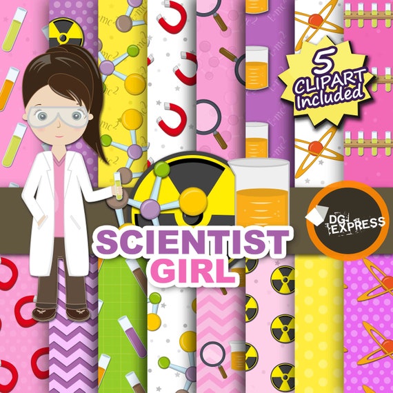 SALE Science Digital Paper + Clipart : "Science girl Digital Paper"- Science Experiment, Scientist girl Scrapbook Paper, Chemistry Printable Il_570xn