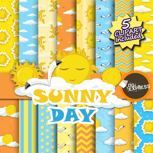 Sun digitale papier + Clipart: "Zomer digitale papier" - zonnige dag Scrapbook papier, afdrukbare, zomer zon, Planner, digitale Scrapbooking