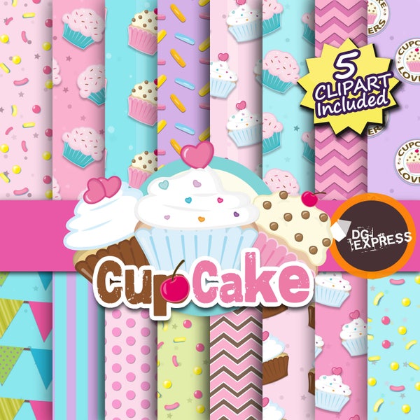 Cupcake Digital Paper + Clipart : "Cupcake Digital Paper"- Cupcake Party Invitation, Cupcake Birthday Invitation, Cupcake Printable, Cake