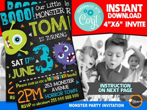 Monster Party Invitation - "MONSTER BIRTHDAY Invitation" Monster Party, Monster Digital Invite, instant download invitation Il_570xn