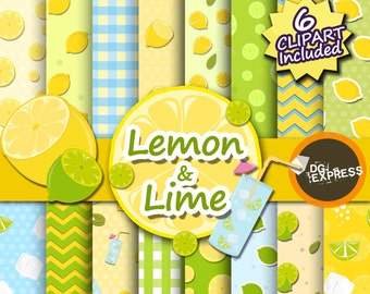 SALE Lemon Digital Paper + Clipart : "Lemonade Digital Paper" - Lemon Clipart, Citrus Digital Paper, Printable Invitation, lime Scrapbook