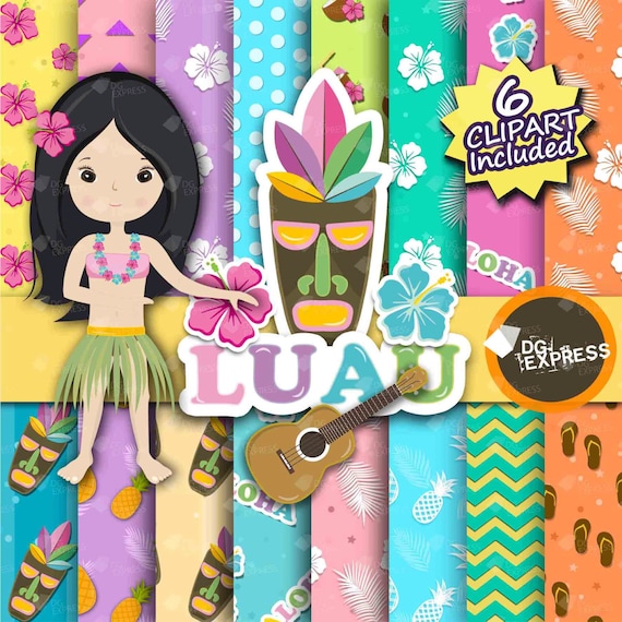SALE Luau Clipart & Digital Paper : "Hawaiian Digital Paper" - Luau Birthday Invitation, Luau Printable, Luau Paper, hawai paper Il_570xn