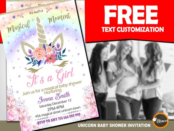 Unicorn Baby Shower Invitation "Unicorn BABY SHOWER Invitation" - Floral Girl Printable Baby Party Invite, Pink and Gold Glitter Royal Il_570xn
