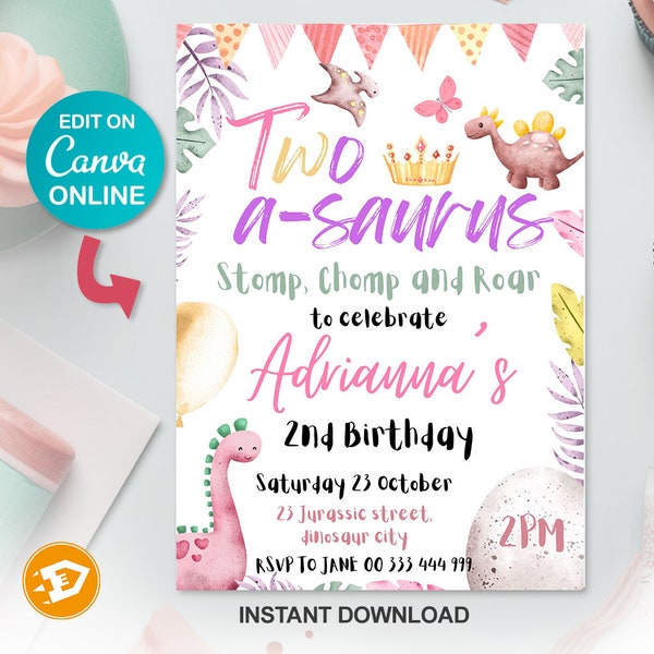 Two-A-Saurus Birthday Invitation - Girl Dinosaur 2nd Birthday Digital Invite,  Dinosaur Birthday, Dinosaur Party Invite, Instant Download