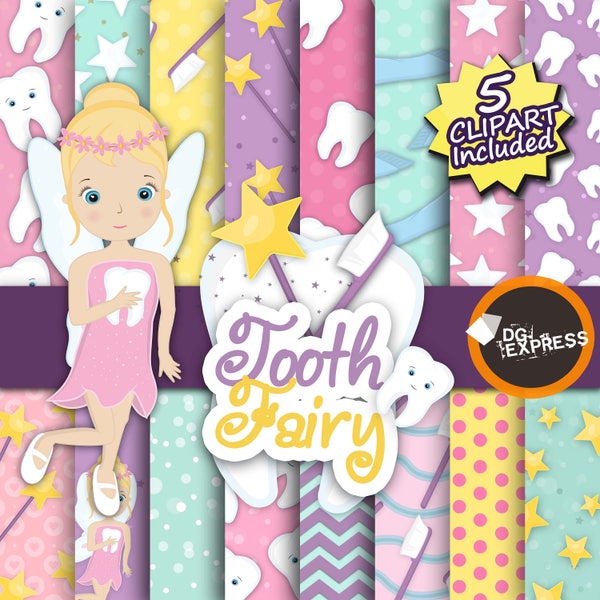 Tooth Fairy Digital Paper + Clipart : "TOOTH FAIRY Girl Digital Paper"- Tooth Clipart, Hada de Los Dientes Clipart, Papel, Scrapbook, Fada