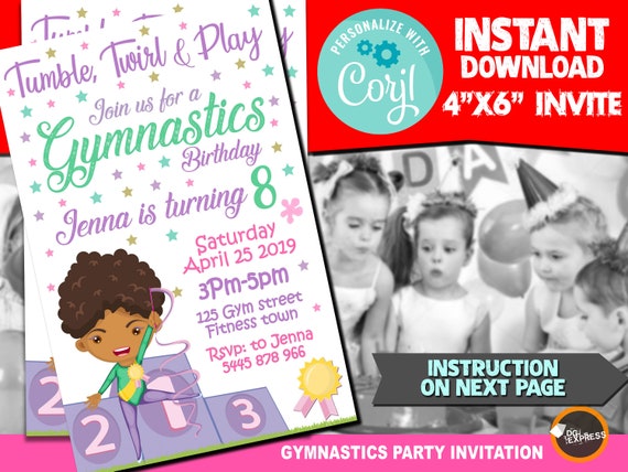 Gymnastics Invitation - "GYMNASTICS BIRTHDAY Party Invitation" Gymnastics Party, Gymnastics Girl Digital Gymnast Invite,Instant download Il_570xn