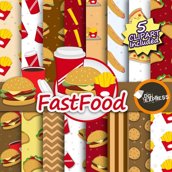 Fastfood Clipart + Digital Paper : "Fastfood Paper"- Fastfood Clipart, burger Clipart, soft drink clipart, tacos clipart Il_570xn