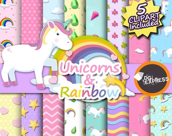 SALE Unicorn Digital Paper + Clipart : "Unicorn Rainbow Digital Paper" - Unicorn Clipart, Rainbow Digital Paper, Unicorn Birthday, Scrapbook