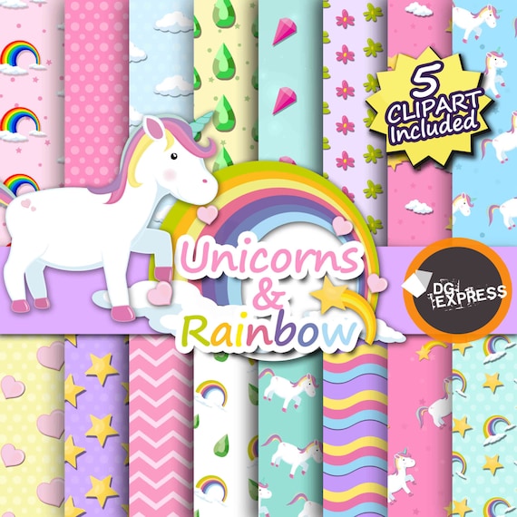 SALE Unicorn Digital Paper + Clipart : "Unicorn Rainbow Digital Paper" - Unicorn Clipart, Rainbow Digital Paper, Unicorn Birthday, Scrapbook Il_570xn