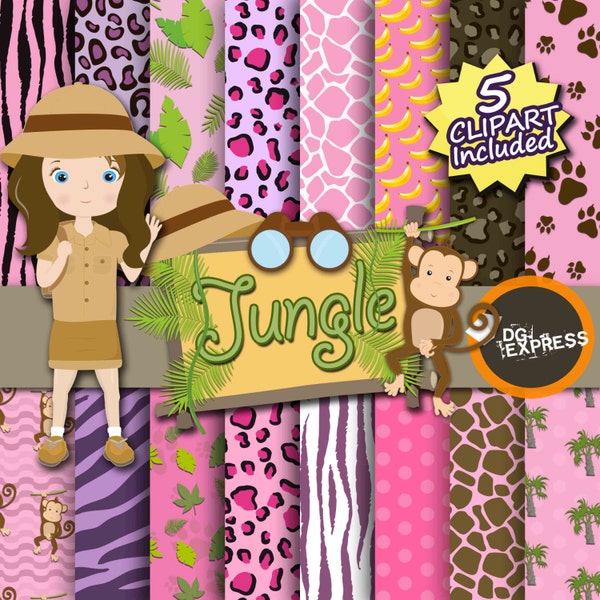 SALE Pink Jungle Digital Paper + Clipart : "Jungle Girl Paper" -Safari Clipart, Jungle Invite, Clipart, Animal print, Binoculars, Leaves