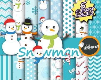 Snowman Digital Paper + Clipart : "Kawaii Snowman Digital Paper" - Snowman Clipart, Winter Invite, Wonderland Clipart, Boneco de Neve