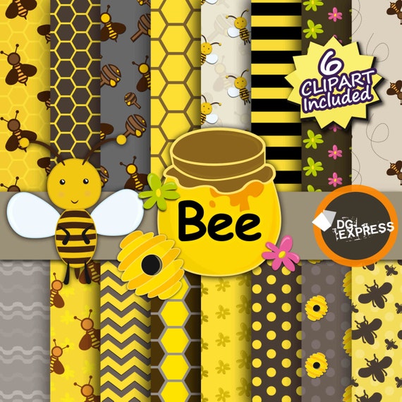 Bee Digital Paper + Clipart : "Bee Digital Paper" - Bee Clipart, Bee Invitation Invite, Hive Clipart, honey, bees, bees papers, honey pot Il_570xn