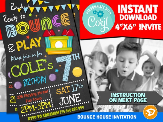 Bounce House birthday Invitation - "BOUNCE HOUSE BIRTHDAY Invitation" Corjl Jump Party, Printable Boy Jumping Castle, Instant Download Il_570xn