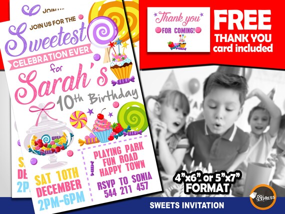 Sweet Celebration Invitation - "SWEET SHOP Birthday Invitation" Candyland Party, Girls, Lollipop Invite, Candy invitation Il_570xn