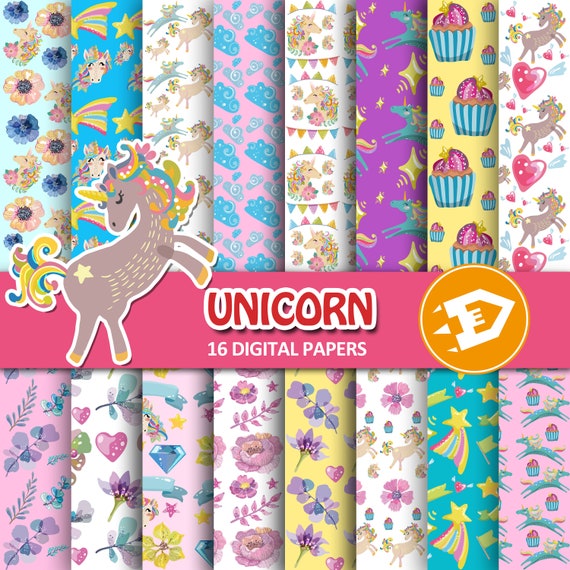 Unicorn Digital Paper + Clipart : "Unicorn Rainbow Digital Paper" - Unicorn Clipart, Rainbow Digital Paper, Unicorn Birthday, Scrapbook Il_570xn