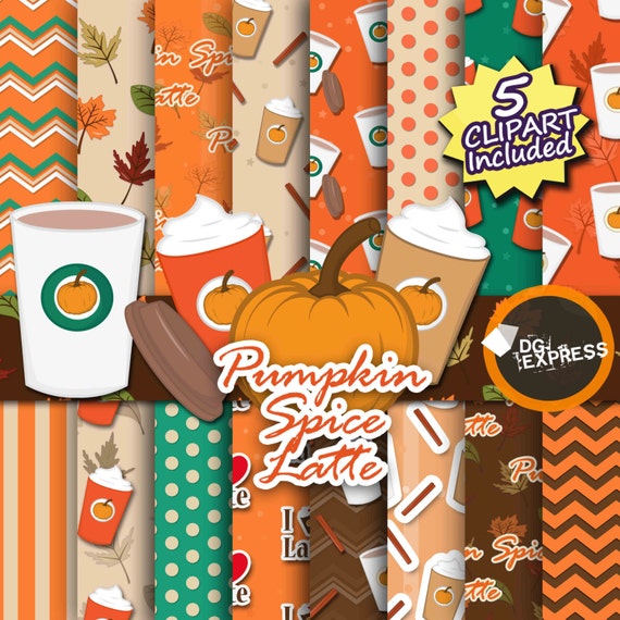 Pumpkin Spice Latte Clipart + Digital Paper : "Pumpkin Spice Latte Paper"- Fall Clipart, Autumn Clipart, Fall Birthday Invitation, Printable Il_570xn