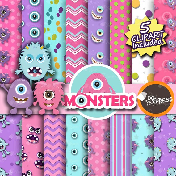 Pink Monster Clipart + Digital Paper: "Monster Girl Paper"- Monsters Clipart, Monsters Birthday Invitation, Monsters Printable, Commercial Il_570xn
