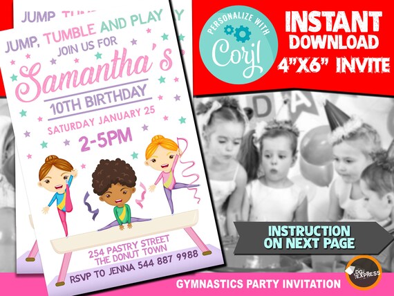Gymnastics Invitation - "GYMNASTICS BIRTHDAY Party Invitation" Gymnastics Party, Gymnastics Girl Digital Gymnast Invite,Instant download Il_570xn