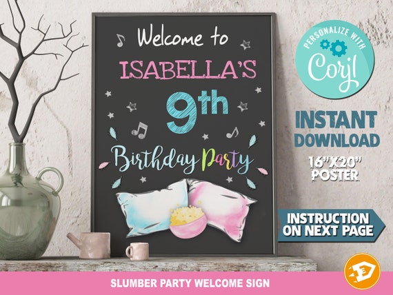 Slumber party girl Party Birthday Welcome Sign Poster "SLUMBER PARTY PRINTABLE Birthday Sign" - Digital Sleepover Birthday, Instant Download Il_570xn
