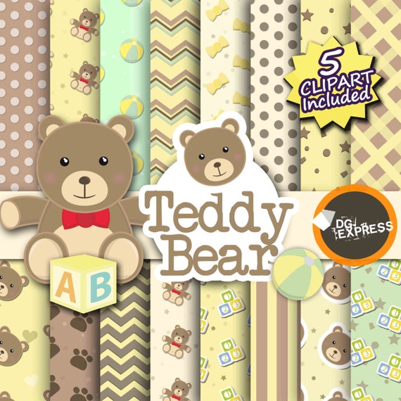 Yellow Teddy Bear Digital Paper + Clipart - Neutral Gender : "NEUTRAL TEDDY BEAR Paper" - Baby Shower Party, Printable Invitation, scrapbook Il_570xn