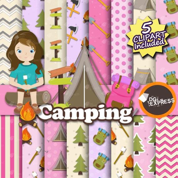 Camping Digital Paper + Clipart - Girl : "Camping Girl Digital Paper" - Camping Clipart, Camping Invite, Camping Clipart, Camping tent Il_570xn