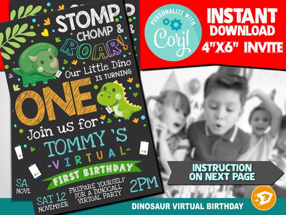 Virtual birthday Party - Video Party digital invitation, Dino Boy Digital Invite, Prehistoric Instant download, Dinosaur Virtual Party Il_570xn