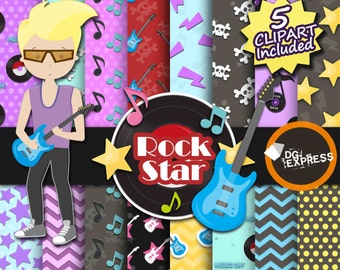 SALE Rock Star Digital Paper + Clipart : "Music Paper"- Rock Star Clipart, Electric Guitar Digital Clipart, Rock Star Decor Printable