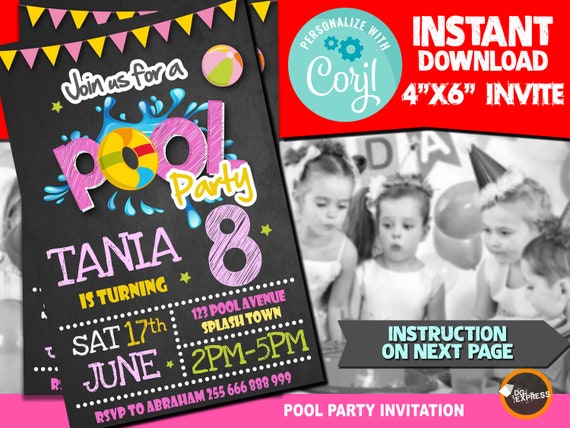 Pool Party girl Invitation - "POOL PARTY BIRTHDAY Invitation" Digital Pool Party Invite, Pool Party Birthday Printable, Instant download Il_570xn