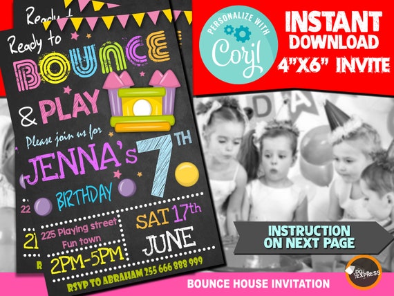 Bounce House girl Invitation - "BOUNCE HOUSE BIRTHDAY Invitation" Corjl Jump Party, Printable girl Jumping Castle Invite, Instant Download Il_570xn