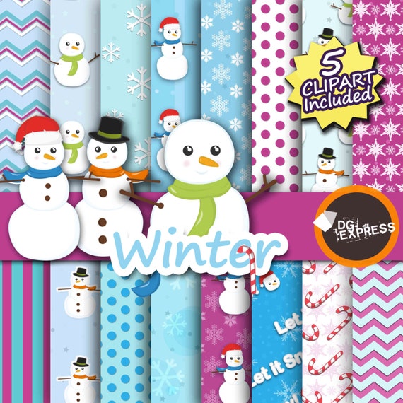 Winter Digital Paper + Clipart : "Winter Digital Paper" - Snowman Clipart, Winter Invite, Wonderland Clipart, Boneco de Neve Il_570xn