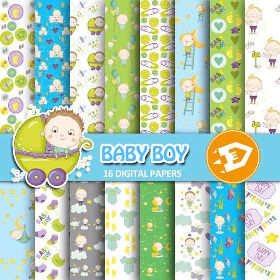 Baby Boy Digital Paper + Clipart : "Baby Boy Digital Paper"- Baby Boy Invitation, Baby Boy Birthday Invitation, Baby Boy Printable Il_570xn