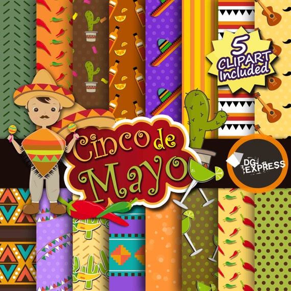 Mexican Digital Paper + Clipart : "FIESTA Digital Paper" - Cinco de Mayo Invitation, Mexican Clipart, Fiesta Clipart, Mexican Party, Maracas Il_570xn