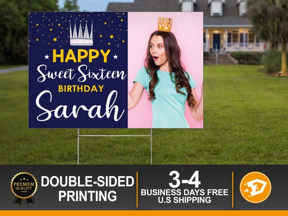 Happy Birthday Yard Sign, Gold Glitter Girl Birthday Lawn Sign, Sweet Sixteen Blue Garden Sign, Quinceanera 15th, 16th Teen Tween Decoration Il_570xn