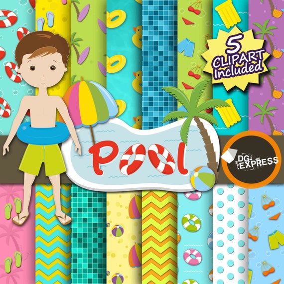 Pool Party Digital Paper + Clipart : "Pool Party Boy Digital Paper" - Pool Party Birthday Invitation, Pool Printable, Summer Beach Paper Il_570xn
