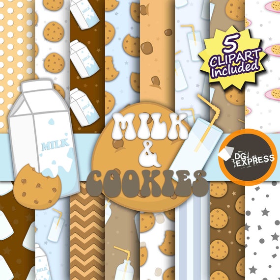 Cookie & Milk Clipart + Digital Paper : "Cookie and Milk Paper"- Cookie and Milk Clipart, Spring Clipart, Milk clipart Il_570xn