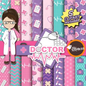 Doctor Digital Paper + Clipart - Girl : "Medical Digital Paper"- Doctor Invitation, Printable Birthday Invitation, Hospital, Medicine
