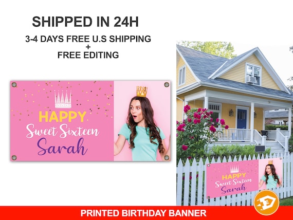 Sweet Sixteen Photo Birthday Banner, Pink Personalized Girl Party Banner, Quinceanera Custom 15th, 16th Gold Confetti Teen, Indoor Outdoor Il_570xn