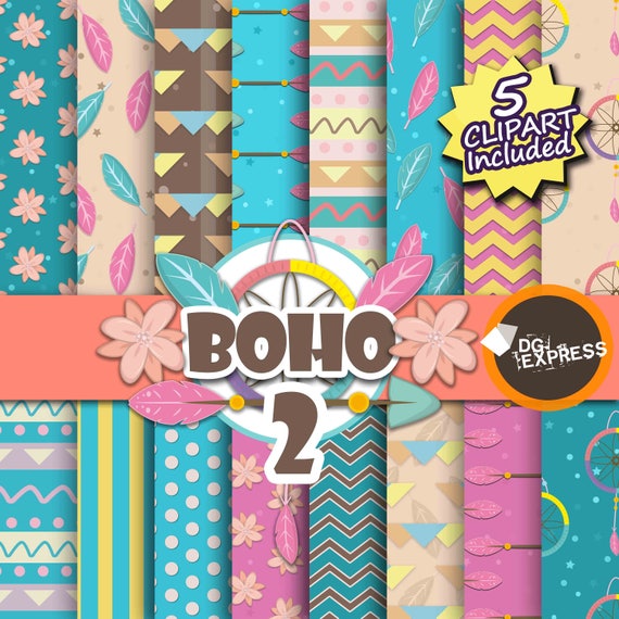 Ethnic Boho Digital Paper + Clipart : "Hippie Digital Paper"- Tribal Aztec Invitation, Safari Birthday Invitation, Feather, Digital Papel Il_570xn