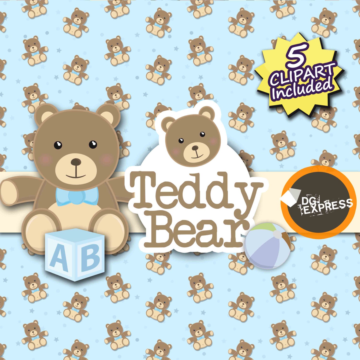 Papel Digital de oso de peluche + Clipart azul "Osito de papel