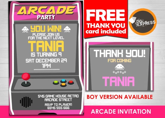 Arcade game girl Invitation - "ARCADE Birthday Invitation" Gamer invitation, Vintage Arcade Birthday, Video Game Birthday, retro Game Il_570xn